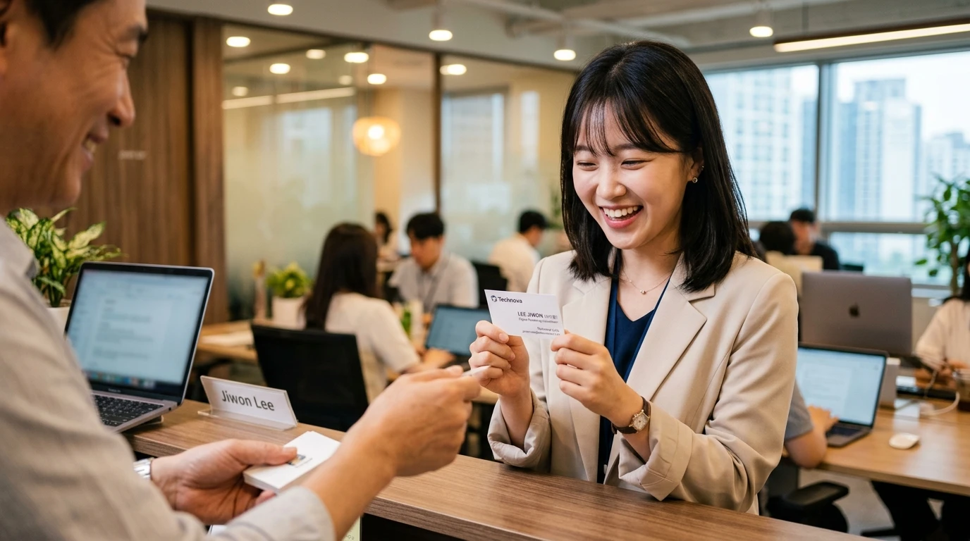 사무실에서 비즈니스 미팅 중 명함을 교환하며 환하게 웃는 직장인 여성, 현대적 오피스와 직장인 네트워킹 분위기 강조