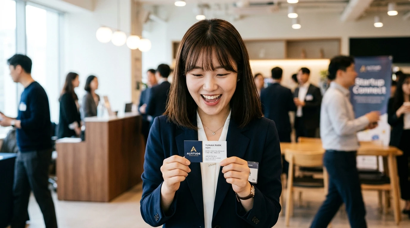 비즈니스 행사장에서 밝게 웃으며 명함을 들고 있는 여성, 현대적인 오피스 배경에 다양한 비즈니스맨들이 네트워킹하는 모습