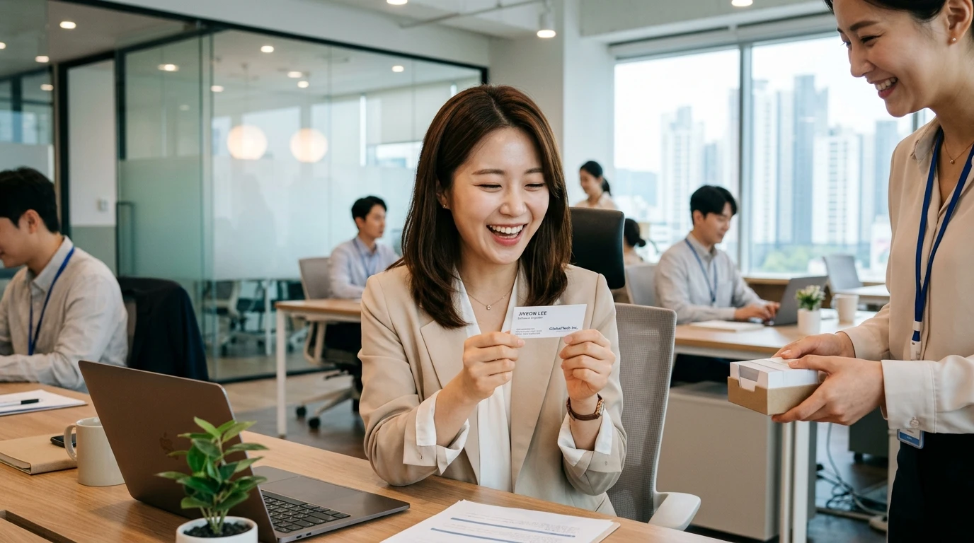 직장인들이 현대 사무실에서 명함을 주고받으며 웃고 있는 밝은 분위기의 비즈니스 회의 장면, 협업과 네트워킹 키워드 강조