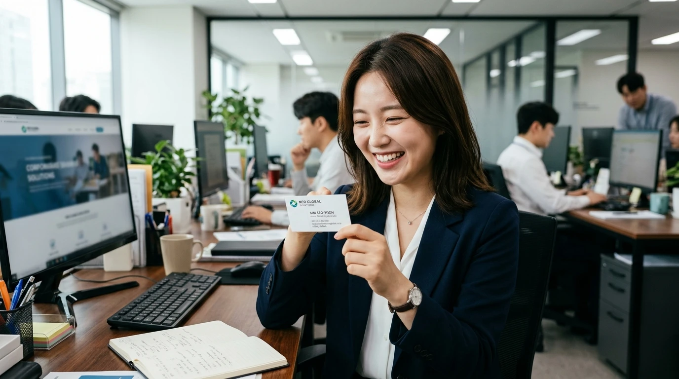 사무실에서 밝게 미소 짓는 여성이 명함을 들고 동료들과 함께 업무를 하는 현대적인 직장 분위기, 커뮤니케이션과 팀워크 강조