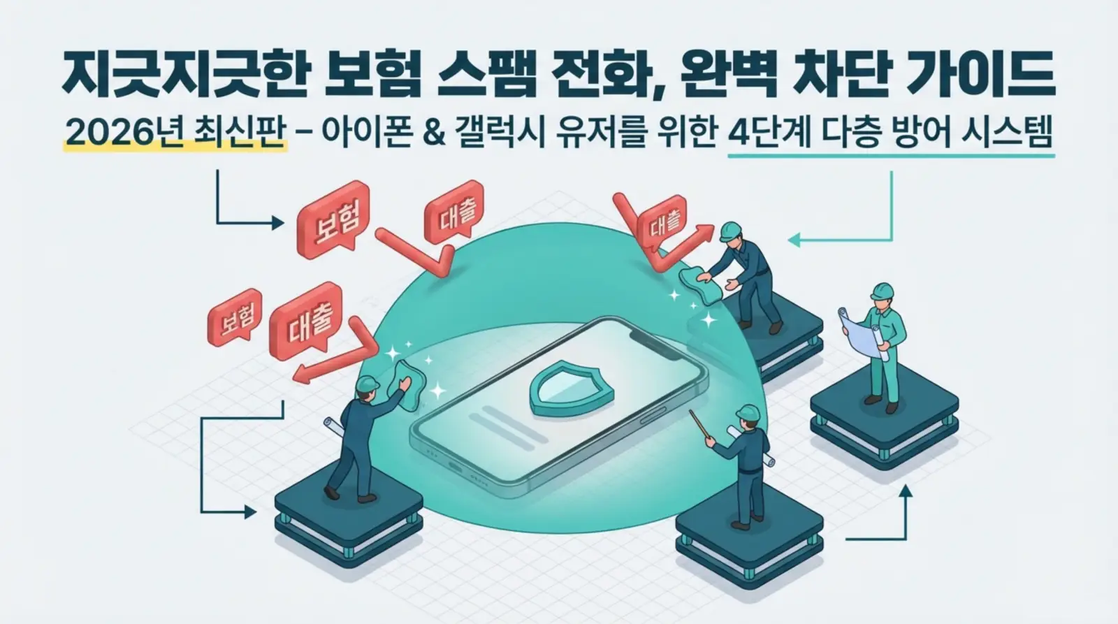 보험 스팸 차단 가이드, 스마트폰을 보호하는 사람들, 2026년 최신판 다중 방어 시스템 설명.