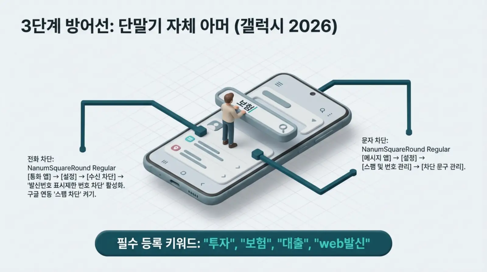 스마트폰 화면 위에서 키워드를 검색하는 사람, 전화 및 문자 차단 설정 방법과 필수 등록 키워드가 안내된 이미지.