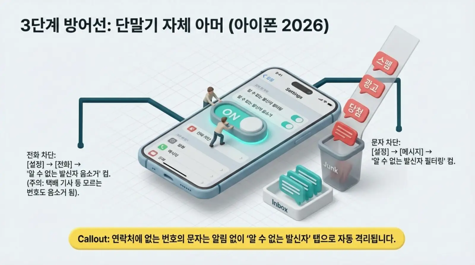 아이폰 화면에 스팸 차단 설정을 설명하며, 미니어처 인물이 스위치를 켜고 스팸 메시지가 휴지통으로 분류되는 모습을 보여준다.