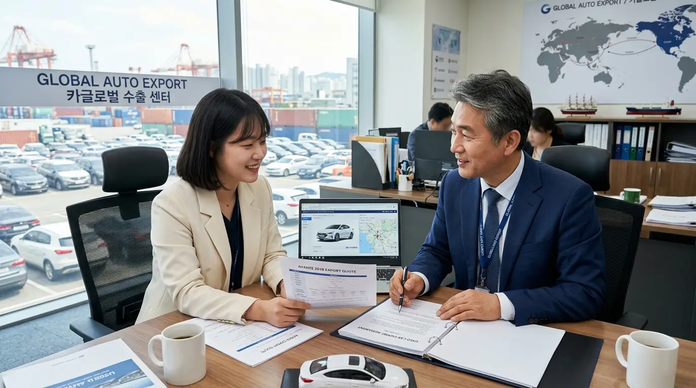 자동차 수출 사무실에서 상담을 진행하는 남녀 직원이 계약서를 검토하며 협업하는 모습, 창밖에는 수출용 차량과 컨테이너가 보임.