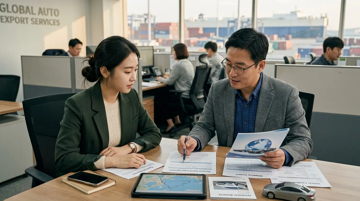 수출 서비스 사무실에서 남녀 직원이 문서와 노트북, 미니카 모형을 앞에 두고 자동차 해외 운송과 관련된 회의를 진지하게 진행하고 있음.