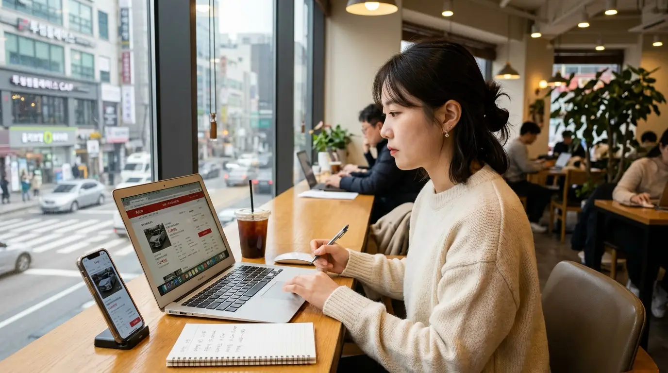 카페 창가에 앉아 노트북과 스마트폰으로 온라인 쇼핑하며 커피를 즐기는 여성, 도심 풍경과 현대적인 카페 인테리어가 어우러진 모습.