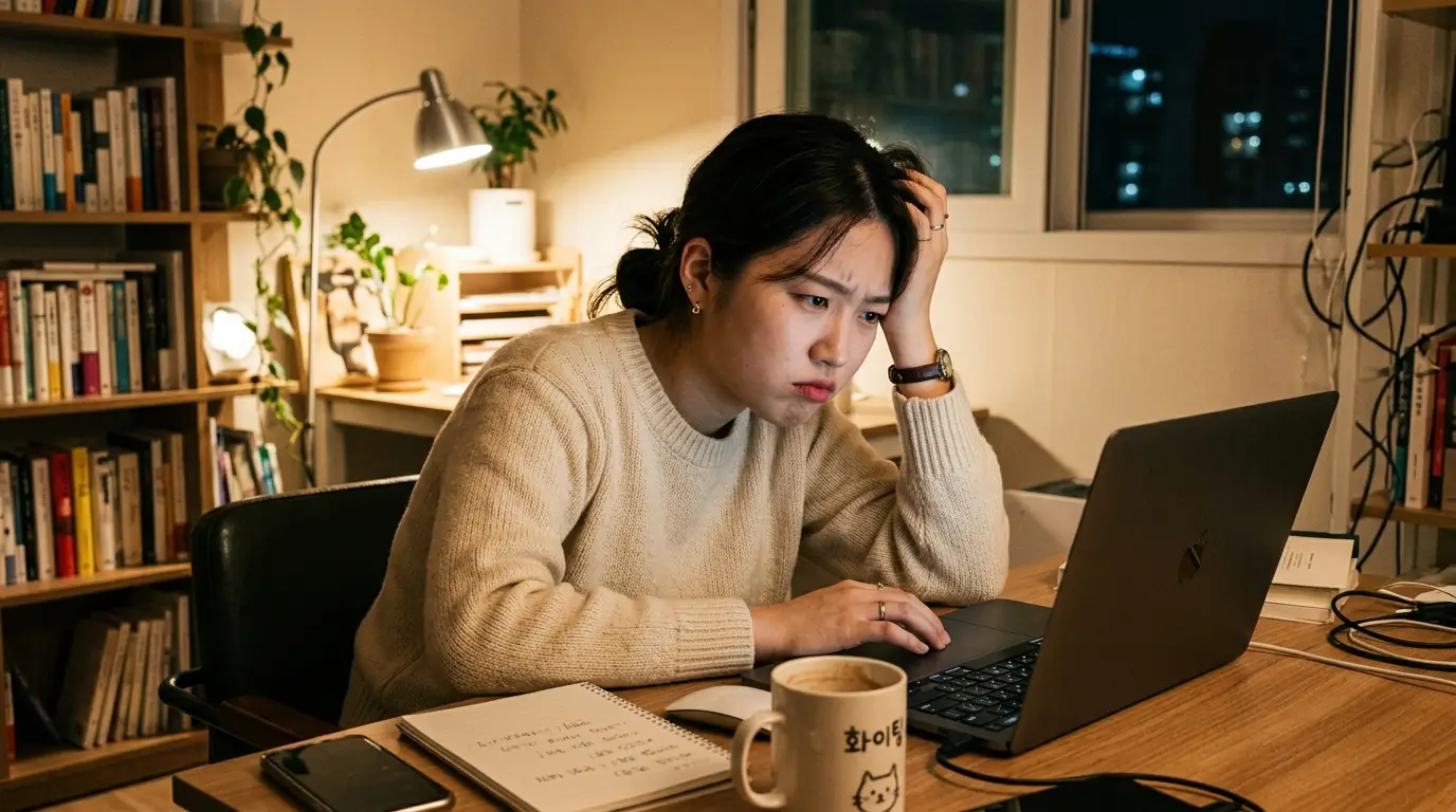 밤에 집 서재 책상에서 노트북으로 집중해 공부하며 고민하는 여성, 따뜻한 조명과 커피 머그, 책으로 아늑한 분위기 연출