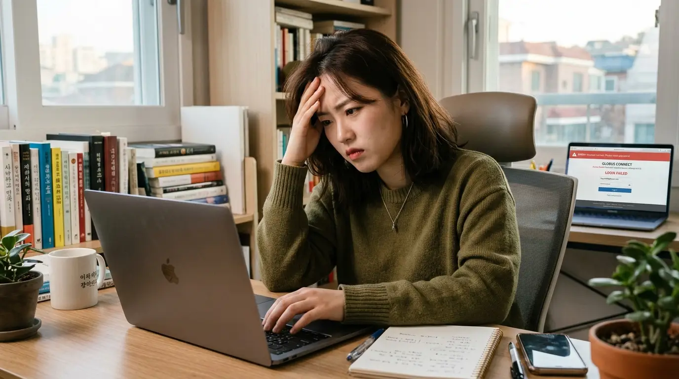집중한 표정의 여성이 집 사무실에서 노트북 오류 메시지로 고민하며 책상에 앉아 업무 문제를 해결하려 노력하는 장면.