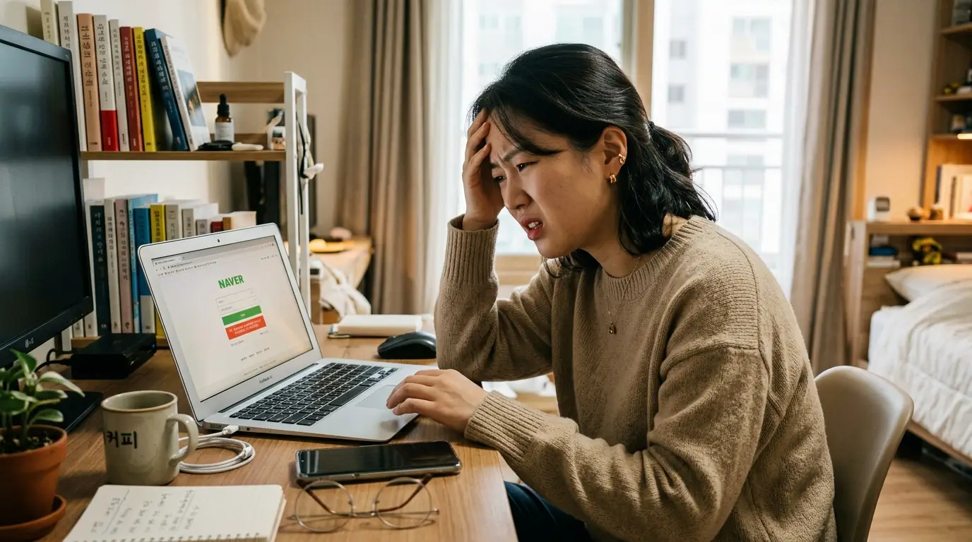 여성 직장인이 집에서 노트북으로 네이버를 검색하며 고민하는 표정을 짓고 있고, 책상 위에는 책, 커피잔, 스마트폰이 놓여 있음.