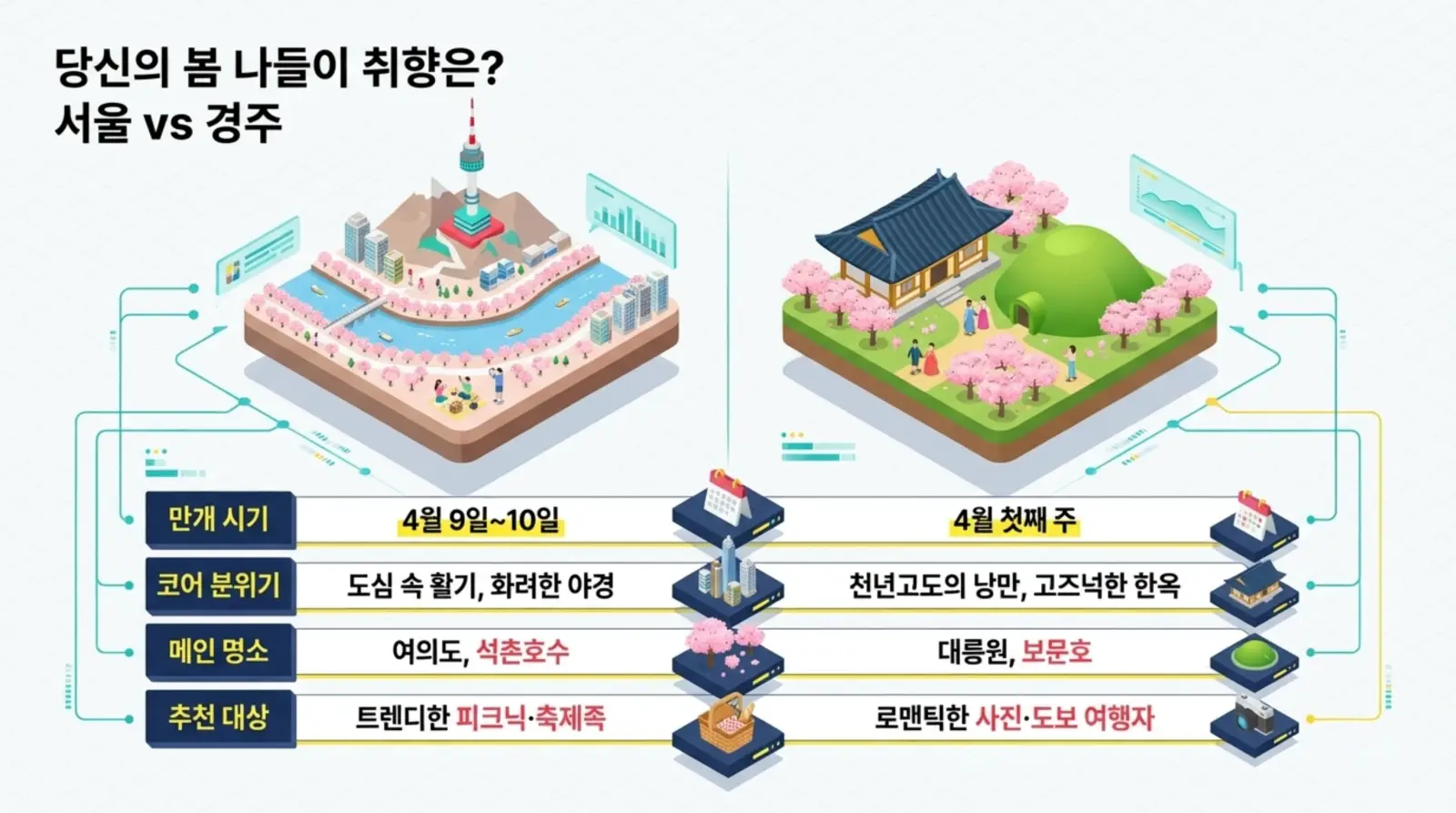 서울과 경주 봄꽃 여행 비교 인포그래픽, 여의도와 석촌호수, 대릉원과 보문호 등 주요 관광지와 만개 시기, 추천 대상, 테마가 한눈에 보임