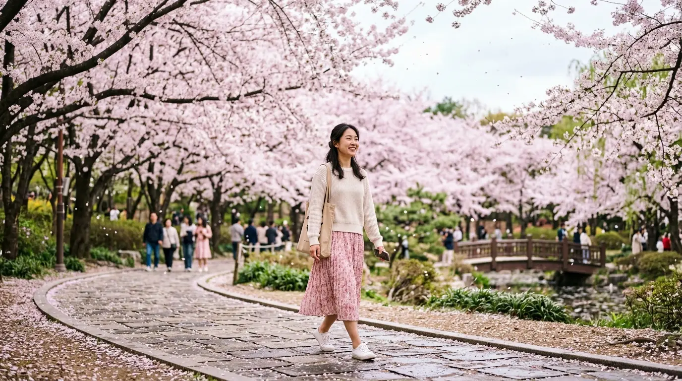 벚꽃이 만개한 공원 산책로에서 여성들이 봄을 즐기며 걷고, 다양한 사람들이 자연을 배경으로 여유롭게 산책을 즐기는 평화로운 분위기