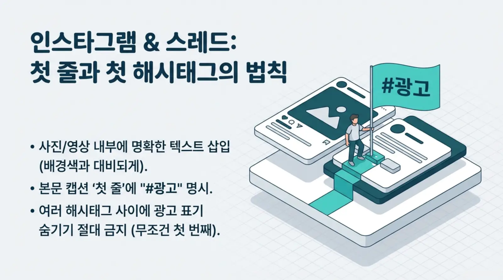 인스타그램 광고 표시에 대한 규칙 설명, 해시태그 광고와 남성이 스마트폰 모형 위에서 깃발을 들고 있는 일러스트.