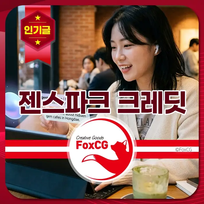 카페에서 노트북으로 일하는 젊은 여성, 젠스파크 크레딧 인기 상품 강조, 따뜻한 분위기와 음료, 창의적인 작업 공간 키워드 포함.