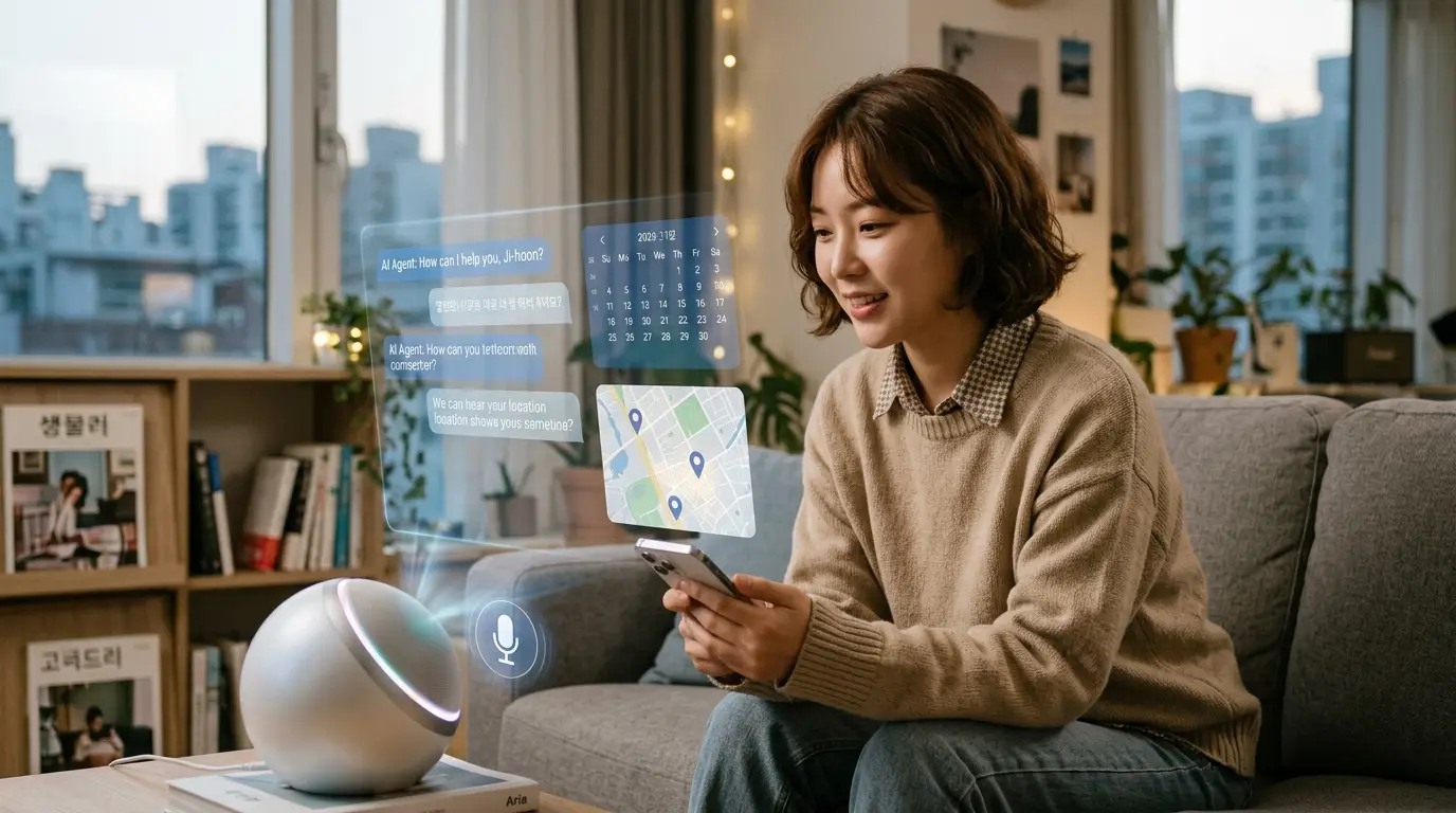 스마트홈 거실에서 젊은 여성이 인공지능 AI 스피커와 대화하며 스마트폰을 조작하고, 홀로그램 화면에 지도와 일정 등 정보가 투영된 미래 생활 모습