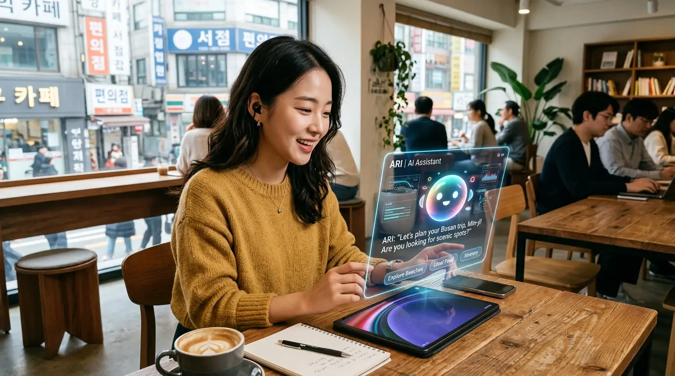 카페에서 노트북과 AI 어시스턴트 홀로그램을 활용해 대화하는 젊은 여성, 창밖으로 한국 거리 풍경이 보여 현대적인 분위기를 연출함.