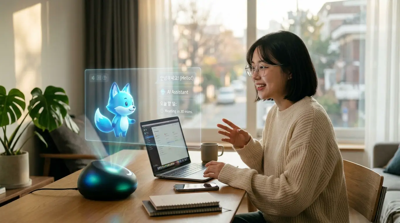 키워드: 인공지능, AI 비서, 원격 업무, 홀로그램, 노트북 편안한 실내에서 노트북으로 원격 업무를 하며 귀여운 홀로그램 AI 비서와 소통하는 여성이 미소를 짓고 있다.