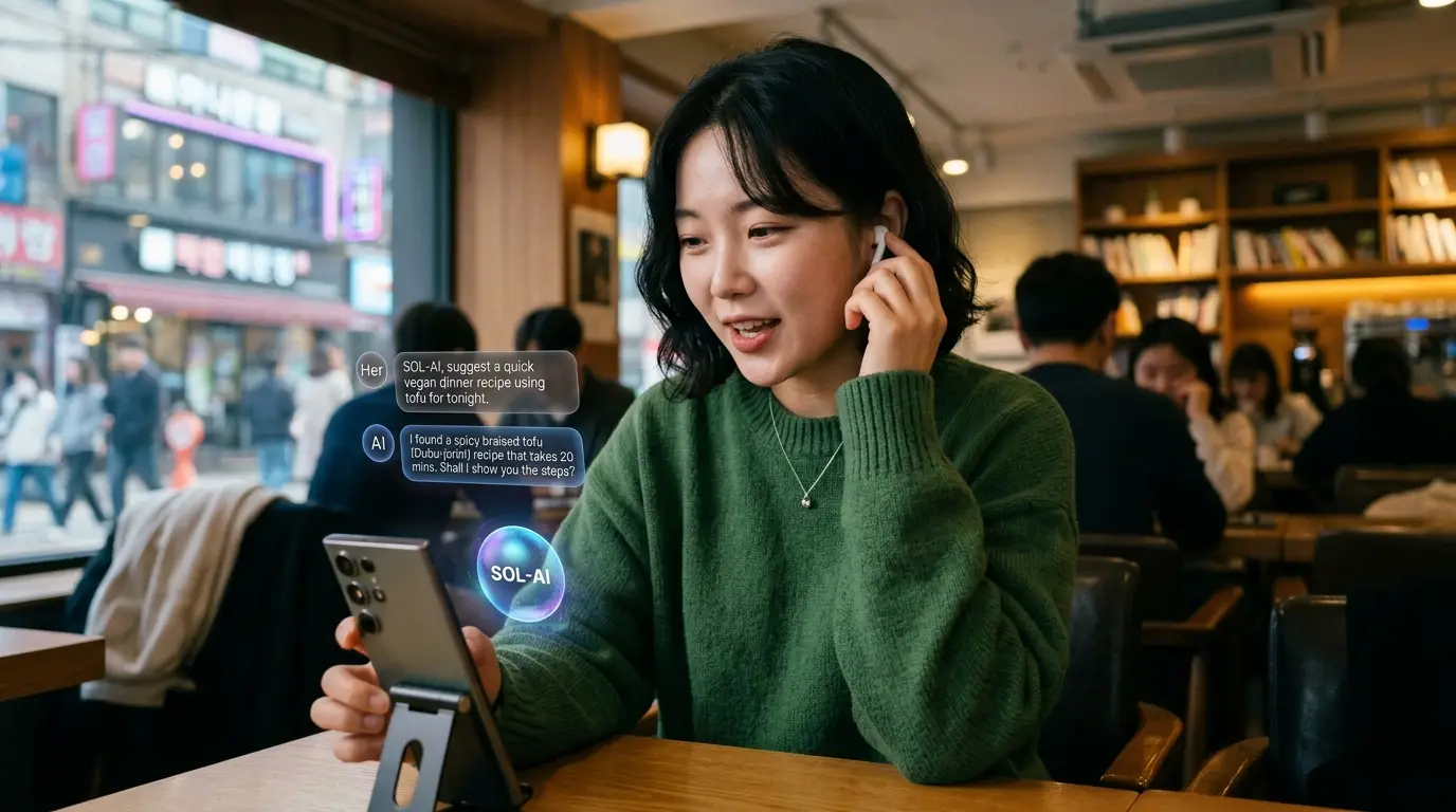 카페에서 녹색 니트 입은 여성이 무선 이어폰으로 스마트폰 AI와 대화하며 음식 레시피를 얻는 모습, 따뜻하고 현대적인 분위기