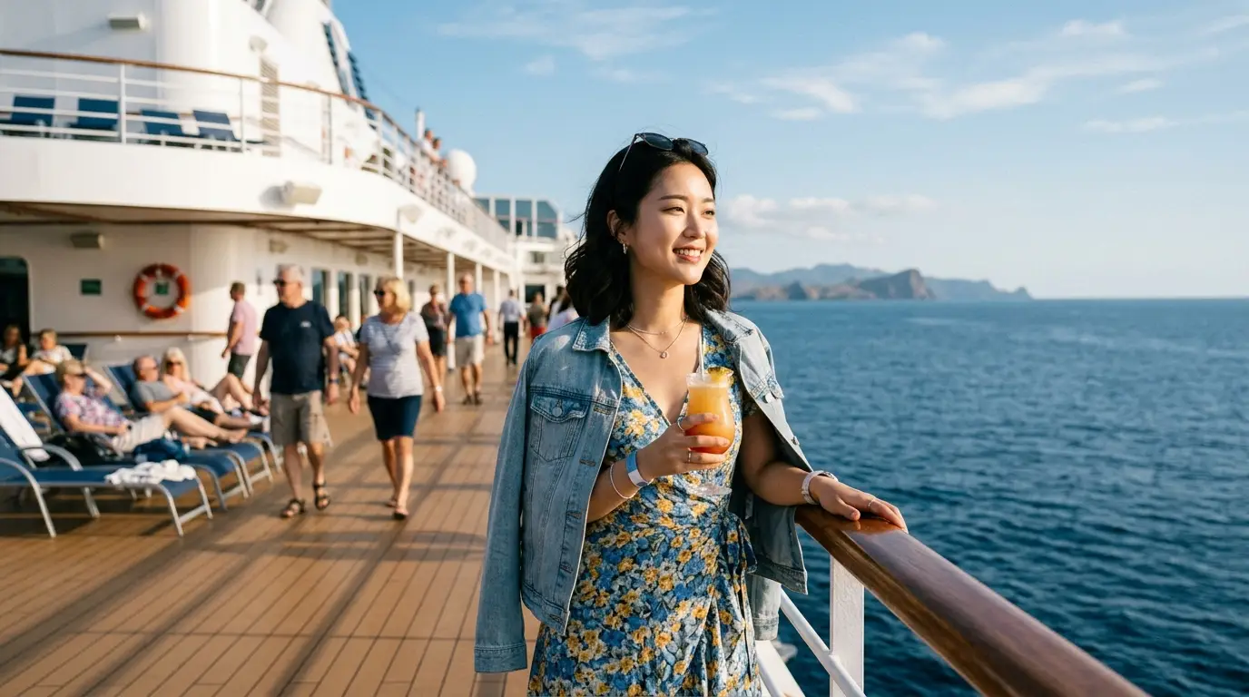 젊은 여성이 화창한 날씨에 크루즈 선상에서 주황색 음료를 들고 여유롭게 바다 경치를 감상하며 미소 짓고 있다.