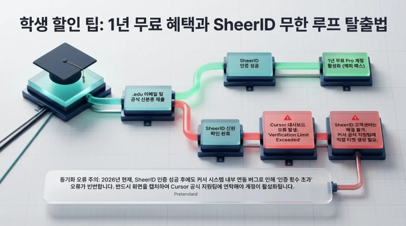 학생 할인, SheerID 인증, 1년 무료 혜택 활성화 방법과 인증 오류 해결 과정이 다이어그램으로 시각화된 안내문.