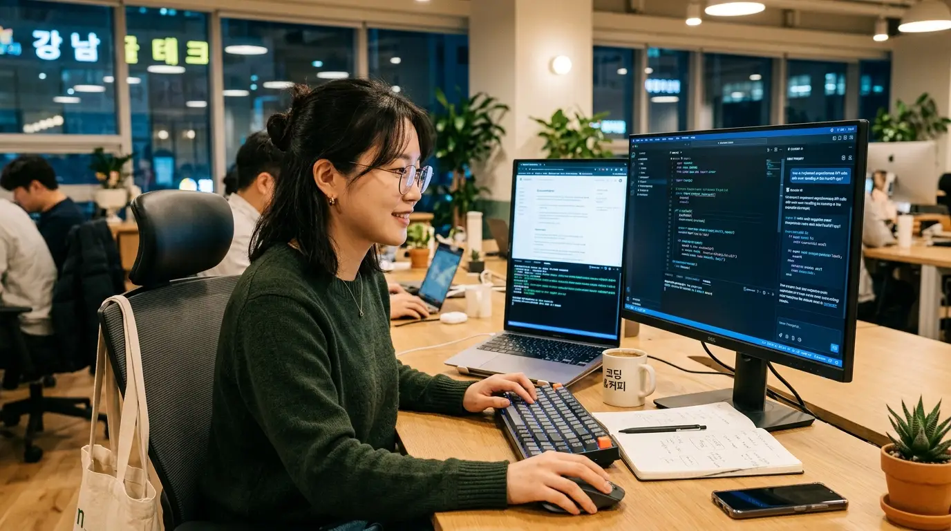 프로그래머가 현대 사무실에서 코드 작성과 디버깅을 집중하며 일하는 모습, 커피잔과 노트, 모니터 두 개와 녹색 식물이 함께 배치됨