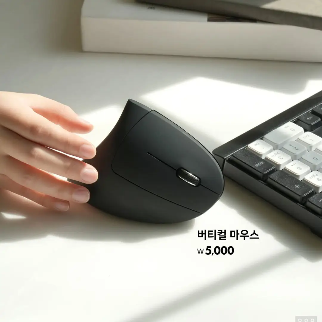 버티컬 마우스를 손으로 잡으려는 모습과 키보드가 밝은 햇살 아래 책상 위에 배치된 사무실 환경, 인체공학적 디자인, 저렴한 가격 강조