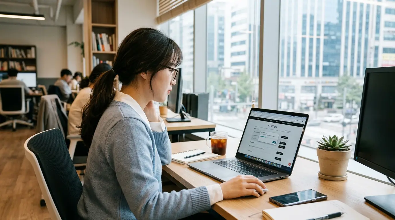 사무실에서 안경을 쓴 여성이 노트북으로 업무를 보고 있으며 창밖 도시전경과 책상 위 다육식물이 깔끔한 직장 분위기를 연출한다.