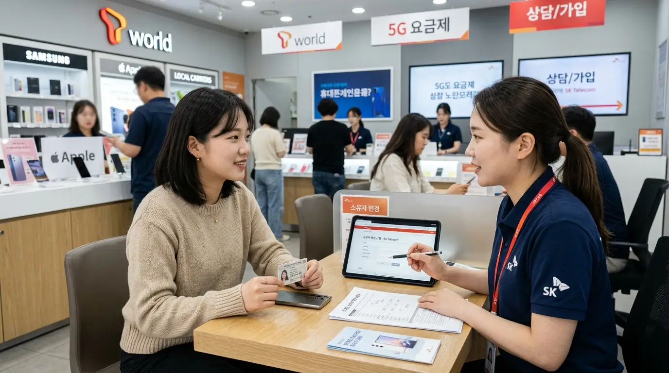 휴대폰 매장 상담 데스크에서 고객이 직원과 휴대폰 가입 및 요금제 변경 상담을 받으며 안내를 듣는 활기찬 분위기, SK텔레콤, 통신사, 5G.