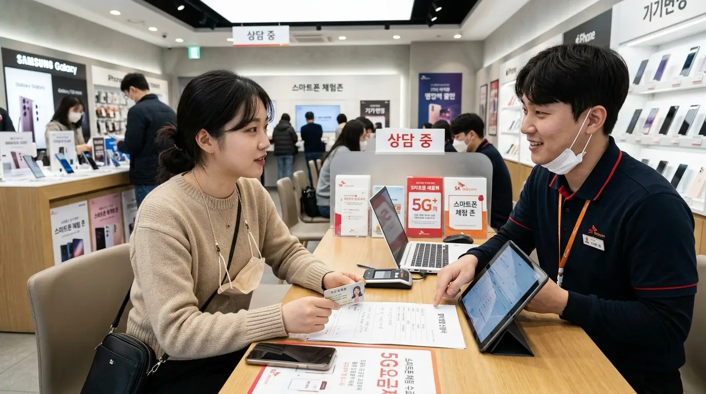 스마트폰 매장에서 고객이 직원과 5G 요금제와 스마트폰 개통 상담을 하며 신분증을 제시하고 밝게 대화하는 모습