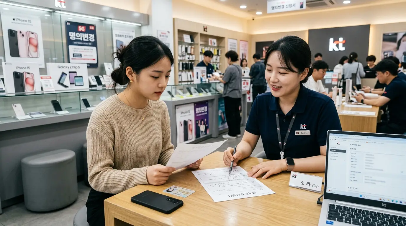 대리점에서 직원이 고객과 서류를 확인하며 휴대폰 개통 상담을 진행하는 모습, 밝고 현대적인 매장 분위기, 신제품 스마트폰 진열.