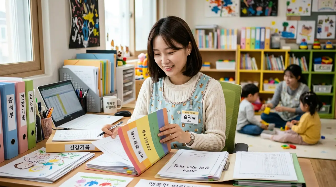 어린이집 교사가 사무실에서 건강기록을 정리하며 미소짓고, 뒤에는 교실에서 아이들과 다른 교사가 블록 놀이를 하는 따뜻한 분위기
