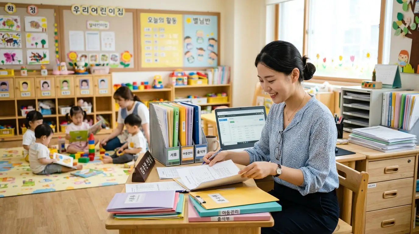 어린이집 교사가 밝은 표정으로 서류를 정리하며 업무를 보고, 배경에는 아이들이 바닥에서 교사와 함께 놀이와 독서 활동을 하는 모습.