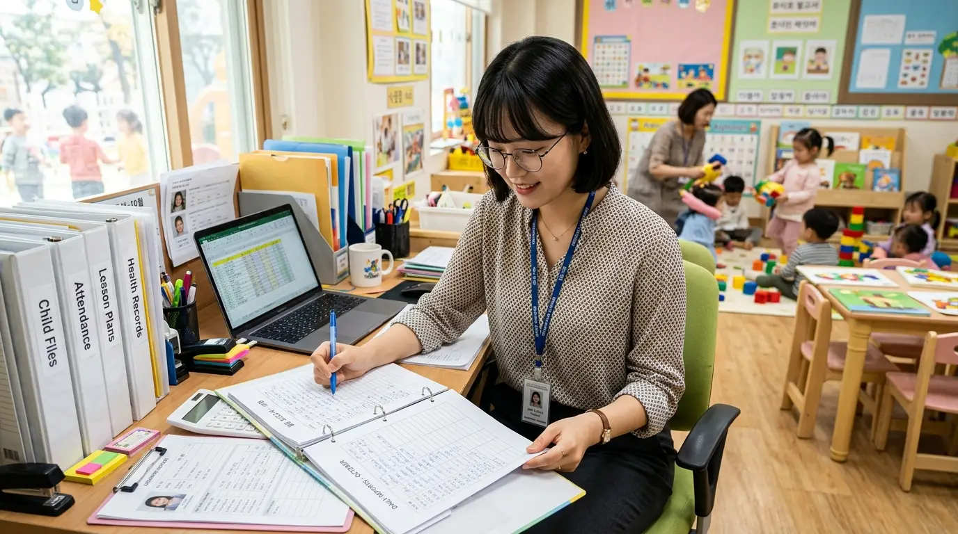 유치원 교사가 교실 책상에서 문서 정리와 출석부를 확인하며, 배경에는 아이들이 블록으로 놀이를 하며 밝은 분위기가 연출된 모습.
