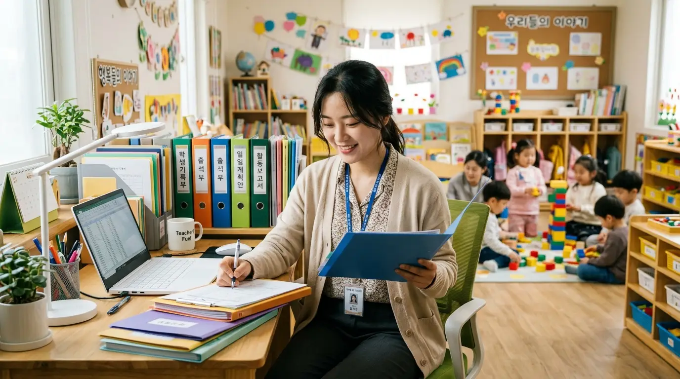 교실에서 교사가 교무 업무를 보고 있고, 배경에는 유치원생들이 교구로 놀이하며 공부하는 따뜻하고 밝은 교육 환경이 펼쳐져 있다.
