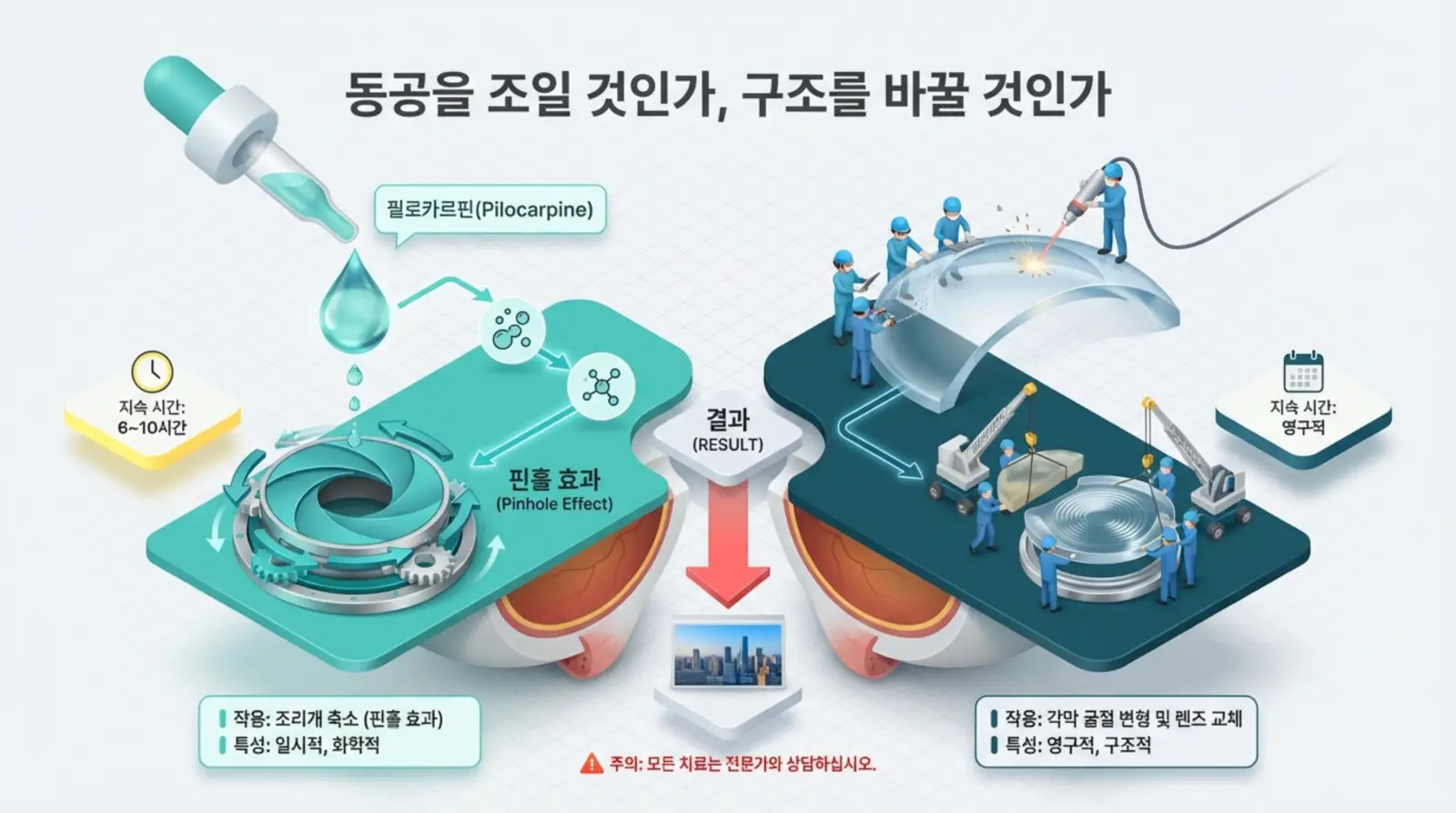 안약과 수술 방법으로 동공 조절 또는 구조 변경을 설명하는 인포그래픽, 각각 지속 시간과 효과를 나타냄.