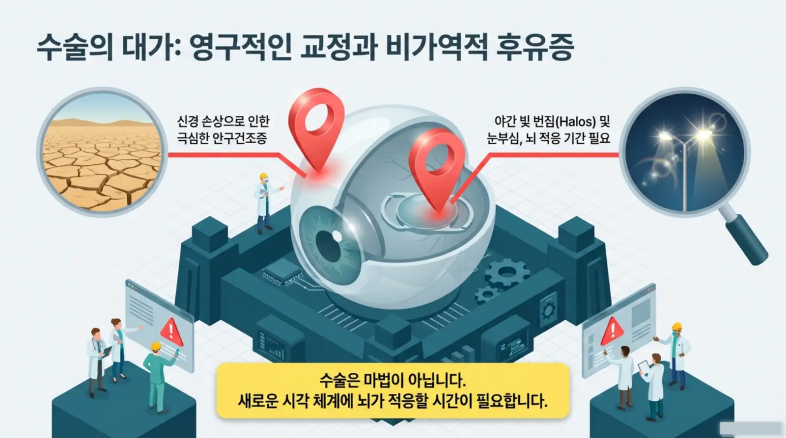 안구 그림과 안구 건조증, 빛 번짐 등 시력 수술 후 부작용을 설명하는 인포그래픽.