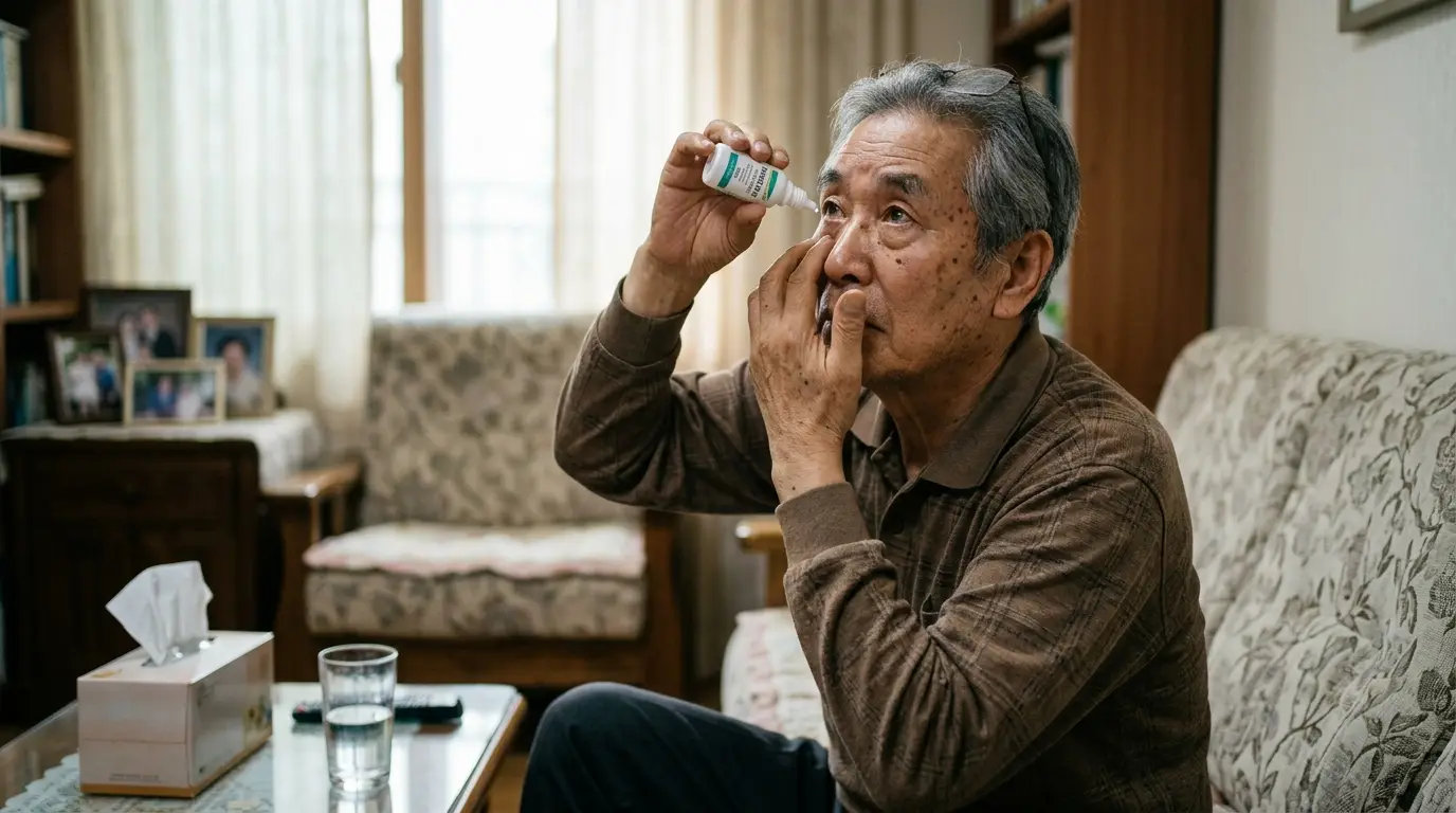 노년 남성이 거실 소파에 앉아 진지한 표정으로 안약을 점안하며 건강과 눈 관리에 신경 쓰는 일상 모습이 따뜻하게 담겨 있다.