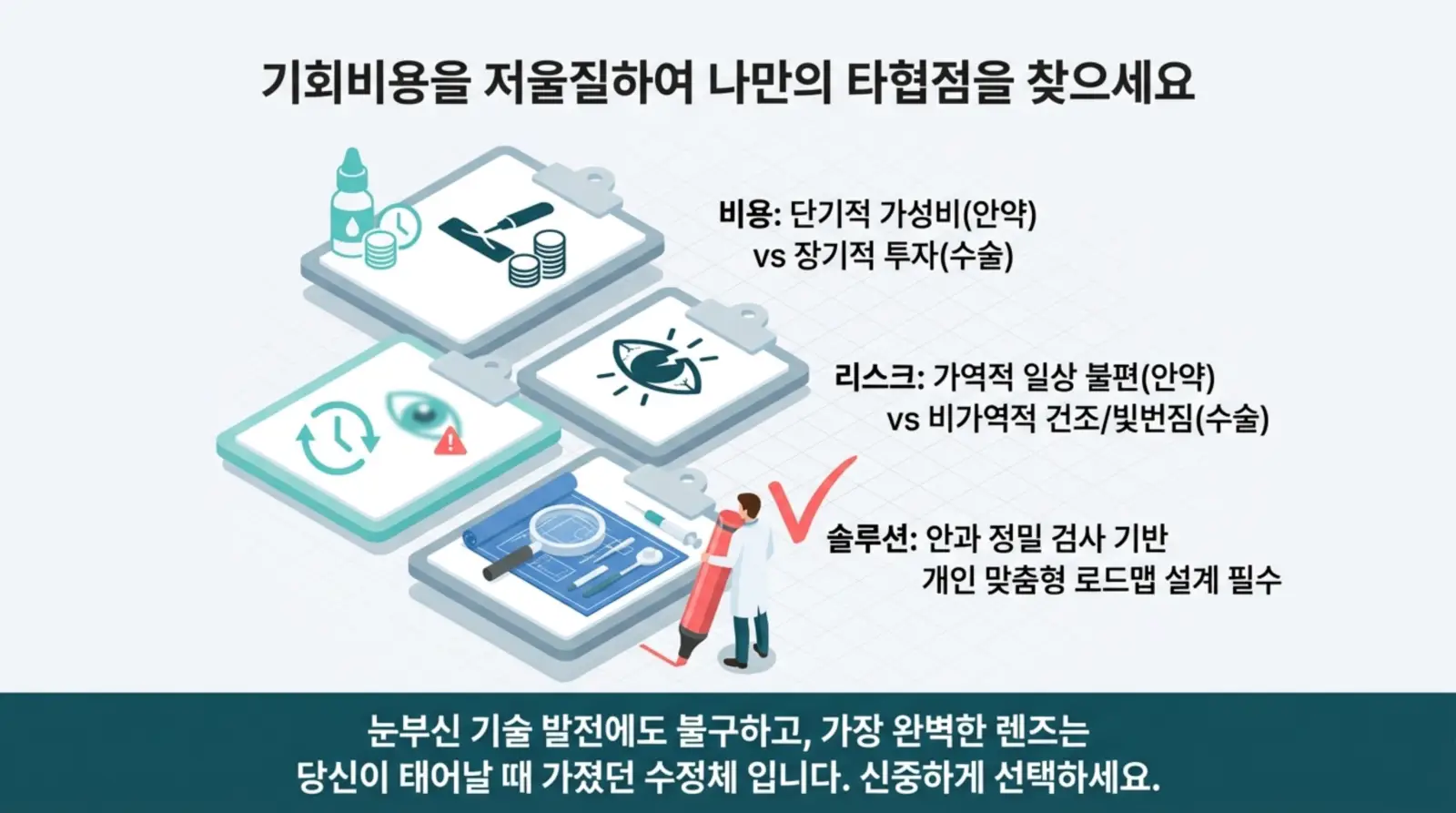 기회비용, 리스크, 솔루션에 대한 비교와 선택, 그리고 신중한 결정의 중요성을 강조하는 안과 관련 인포그래픽.