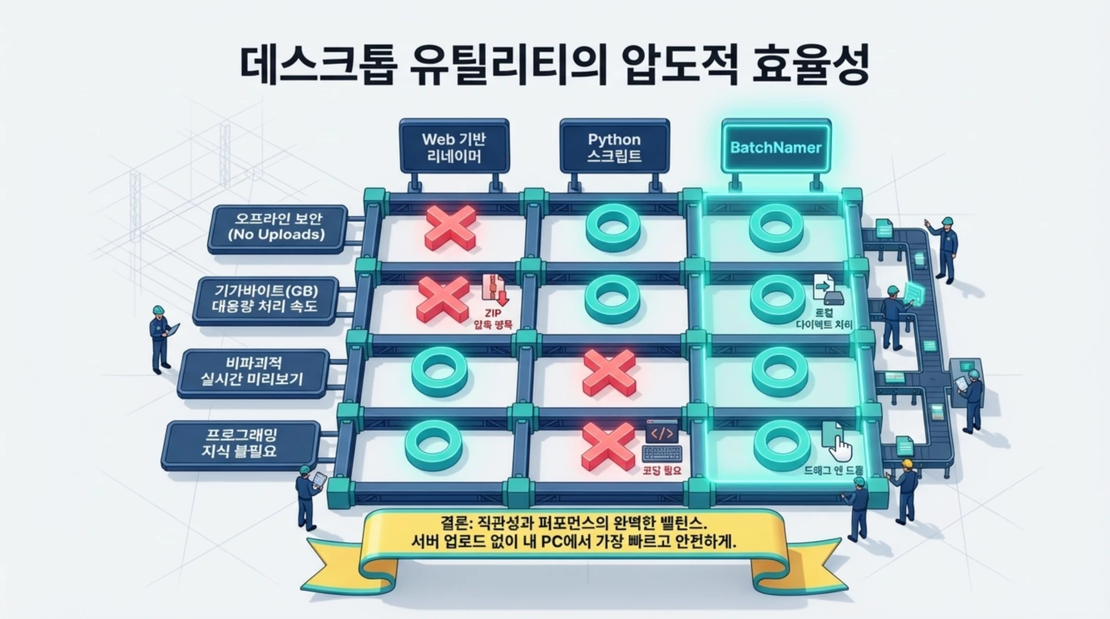데스크톱 유틸리티 BatchNamer가 웹 리네이머, 파이썬 스크립트와 기능을 비교하며 오프라인 보안, 대용량 처리, 실시간 미리보기, 비전문가 활용에 최적화됨을 강조.