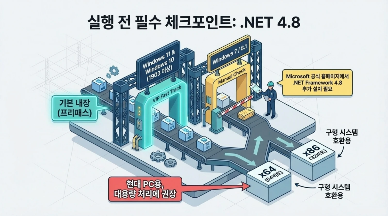 .NET 4.8 설치 체크포인트 안내, Windows 10·11 자동 통과, Windows 7·8.1 수동 설치 필요, x64·x86 시스템 호환, 대용량 현대 PC 추천.