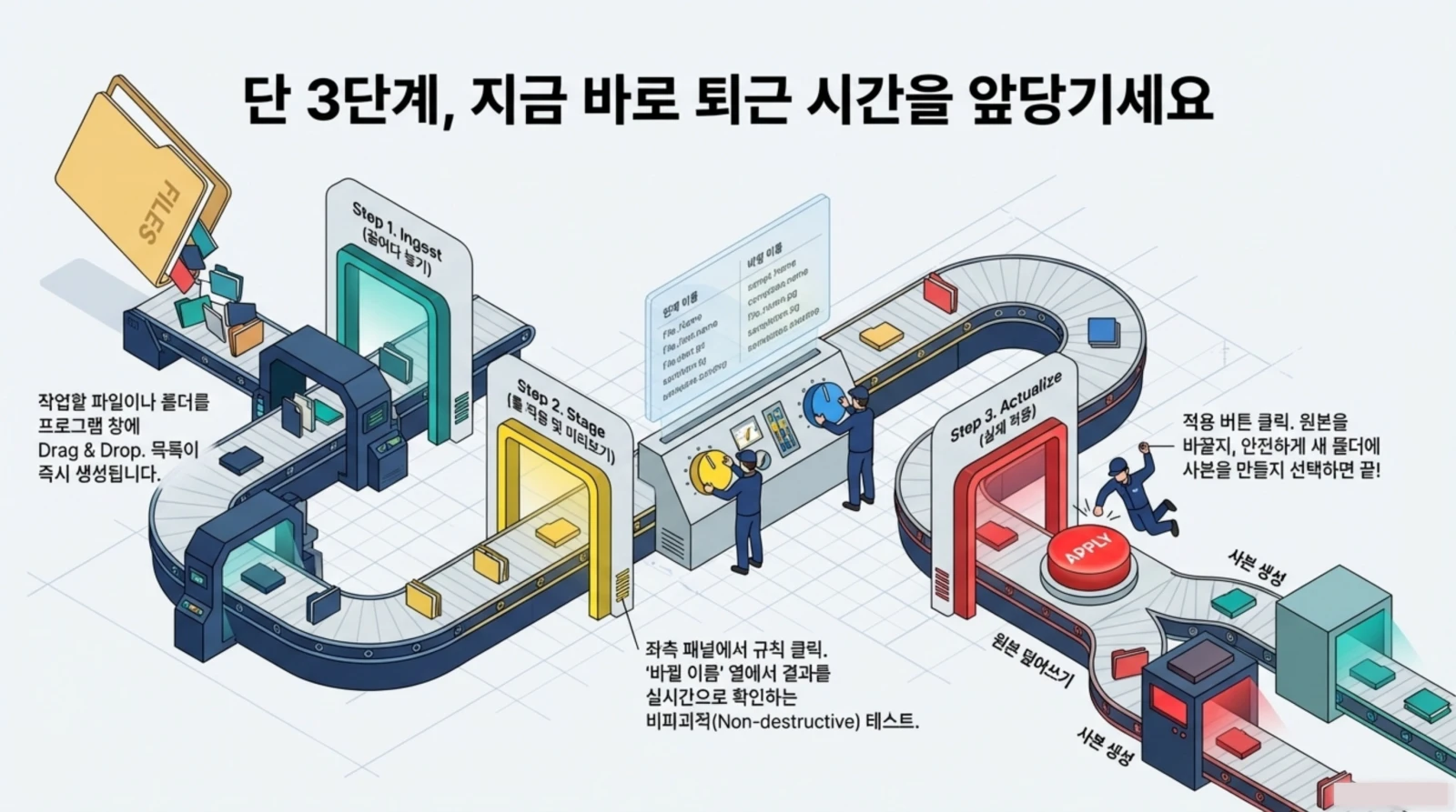 3단계 파일 자동화 공정 흐름도, 작업 파일 드래그 앤드롭, 규칙 설정 및 적용 버튼 클릭으로 쉽고 빠르게 파일 이름 일괄 변경하는 직장인 업무 자동화 과정.