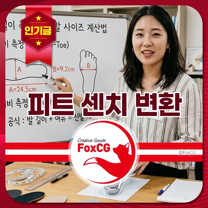 발 사이즈 측정 방법을 설명하는 여성 강사가 화이트보드 앞에서 프리젠테이션을 진행하는 모습, 파트 센치 변환 키워드 강조