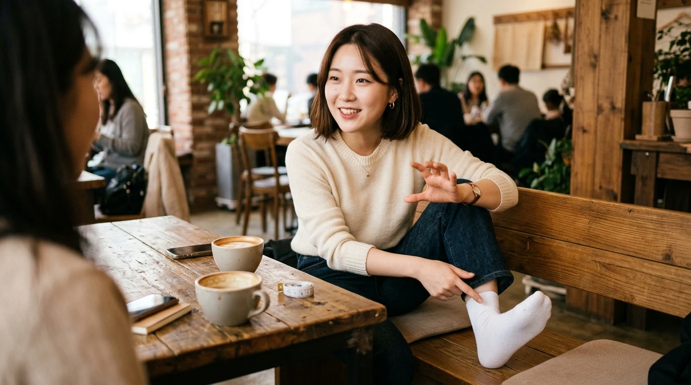 카페에서 커피를 마시며 친구와 편안하게 대화하는 여성, 밝은 분위기와 자연스러운 미소, 아늑한 인테리어가 어우러짐