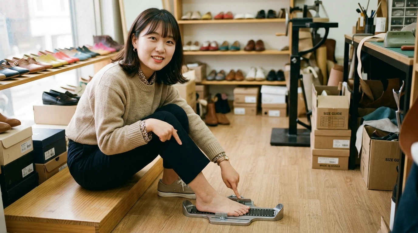 여성 고객이 신발 가게에서 발 치수를 측정하며 다양한 컬러의 신발과 하얀 박스들이 진열된 아늑한 매장 분위기.