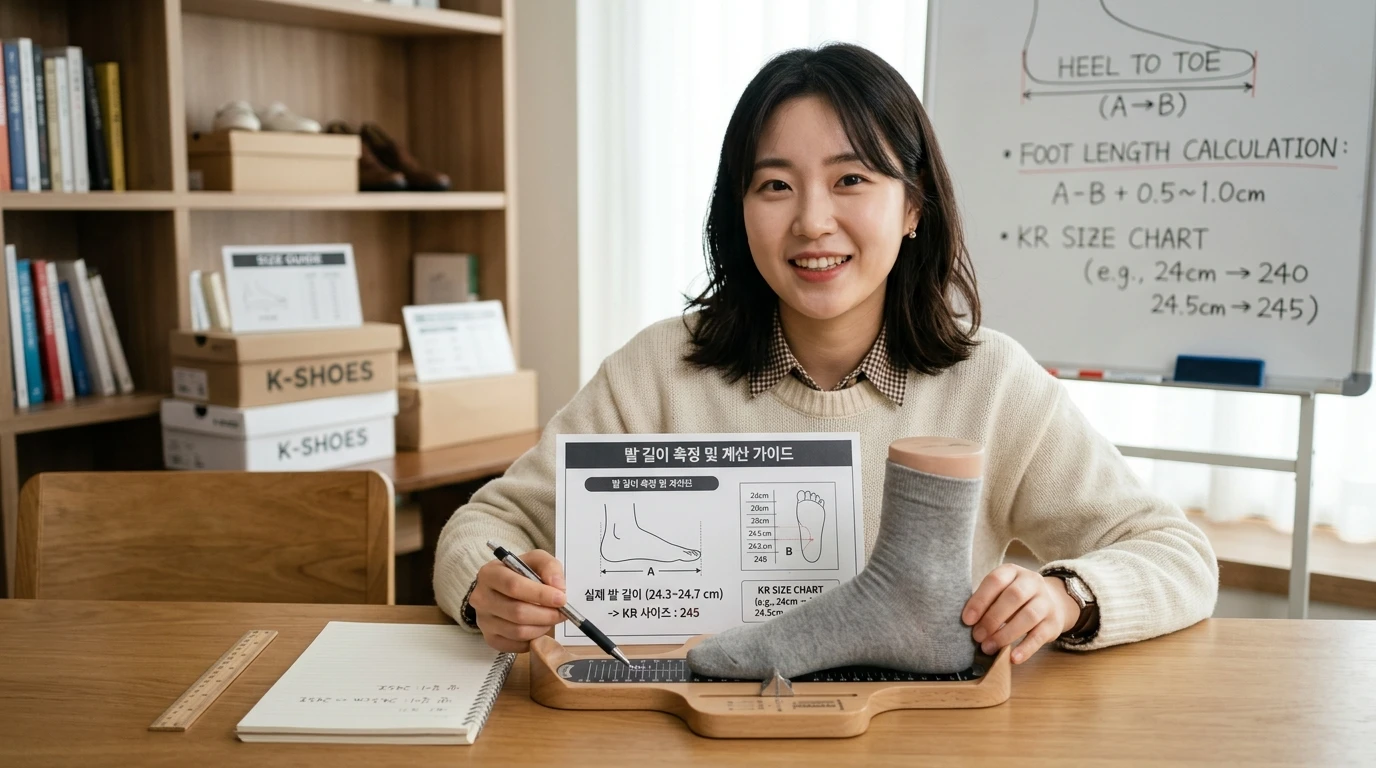 발 사이즈 측정 가이드와 족형 도구를 사용해 신발 사이즈를 설명하는 여성, 신발 박스와 사이즈 차트가 배경에 놓인 교육 장면