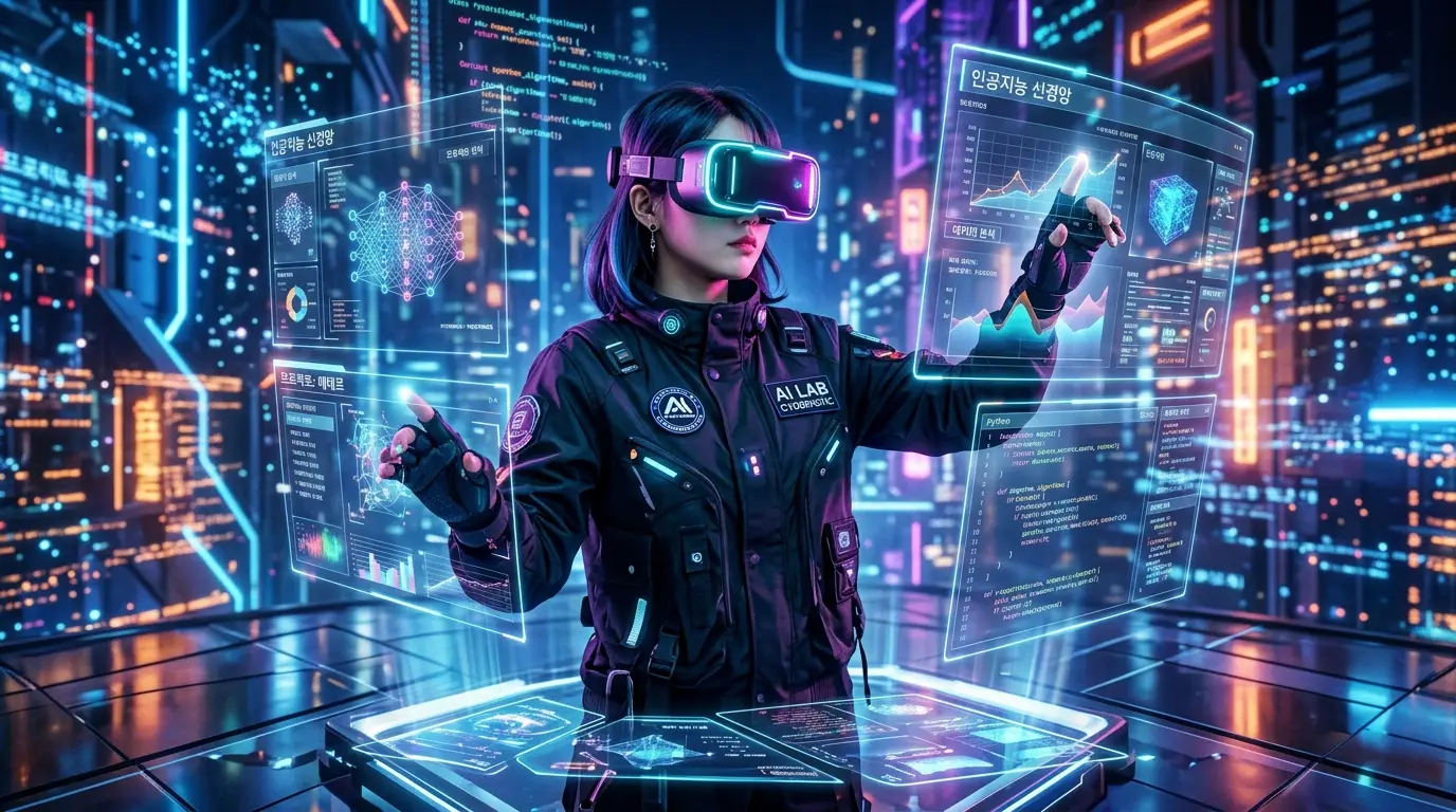 키워드: 인공지능, 가상현실, 미래도시, 데이터 분석, 실험실 최적화된 이미지 alt 태그: 가상현실 헤드셋을 착용한 연구원이 미래도시 배경에서 인공지능 데이터 분석 그래프와 신경망을 가상 인터페이스로 조작하는 첨단 실험실 풍경