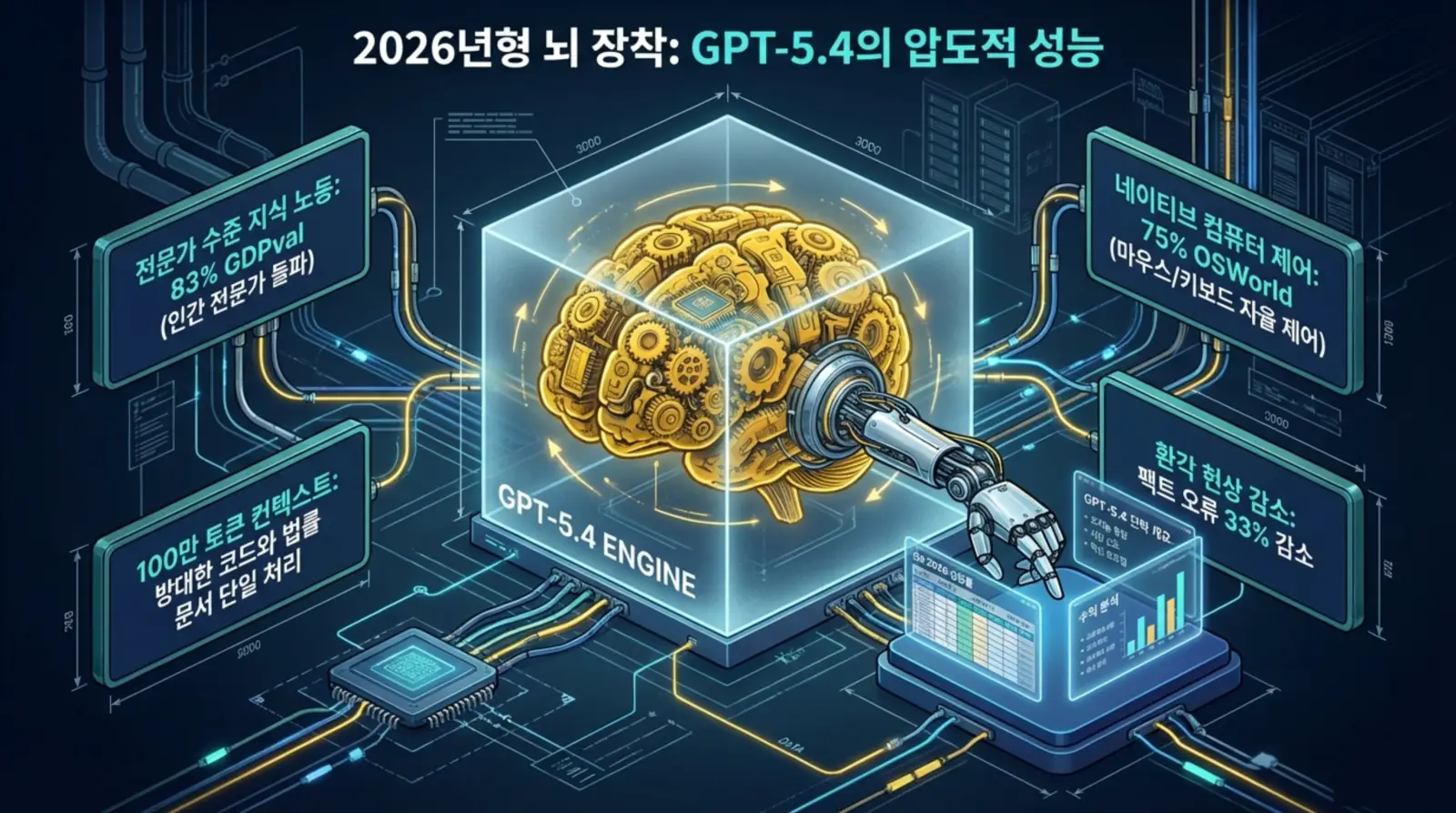 GPT-5.4 엔진이 금색 기계 뇌 형태로 투명 박스 안에 있고, 로봇 팔과 데이터 그래프, 전문가 수준 작업·토큰·컴퓨터 제어·팩트 오류 감소 정보가 강조된 미래 기술 컨셉.
