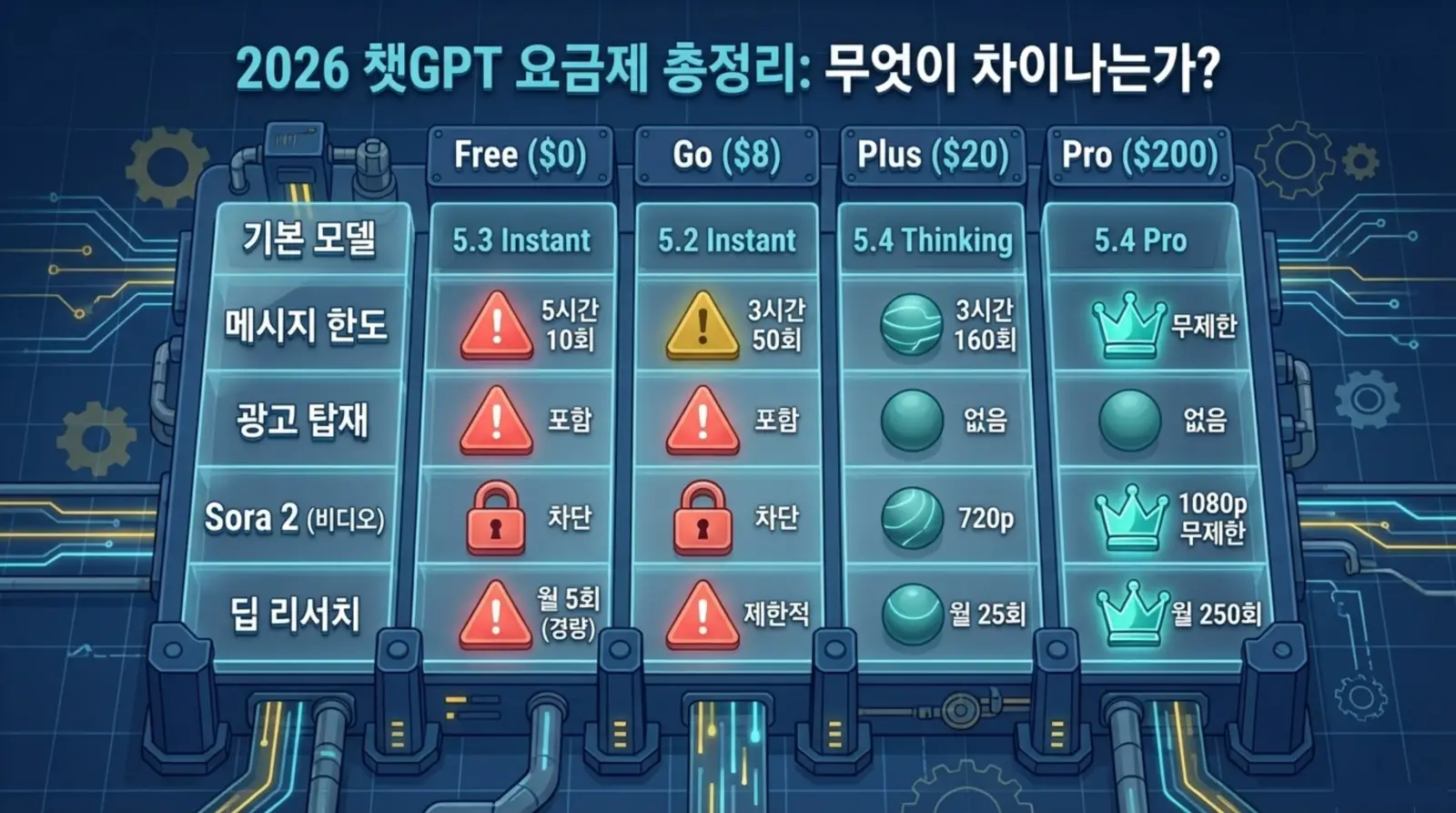 챗GPT 2026 요금제별 기능 차이, 무료부터 유료까지 메시지 제한, 광고, 비디오 품질, 딥리서치 제공 여부를 일러스트로 비교 설명하는 표.