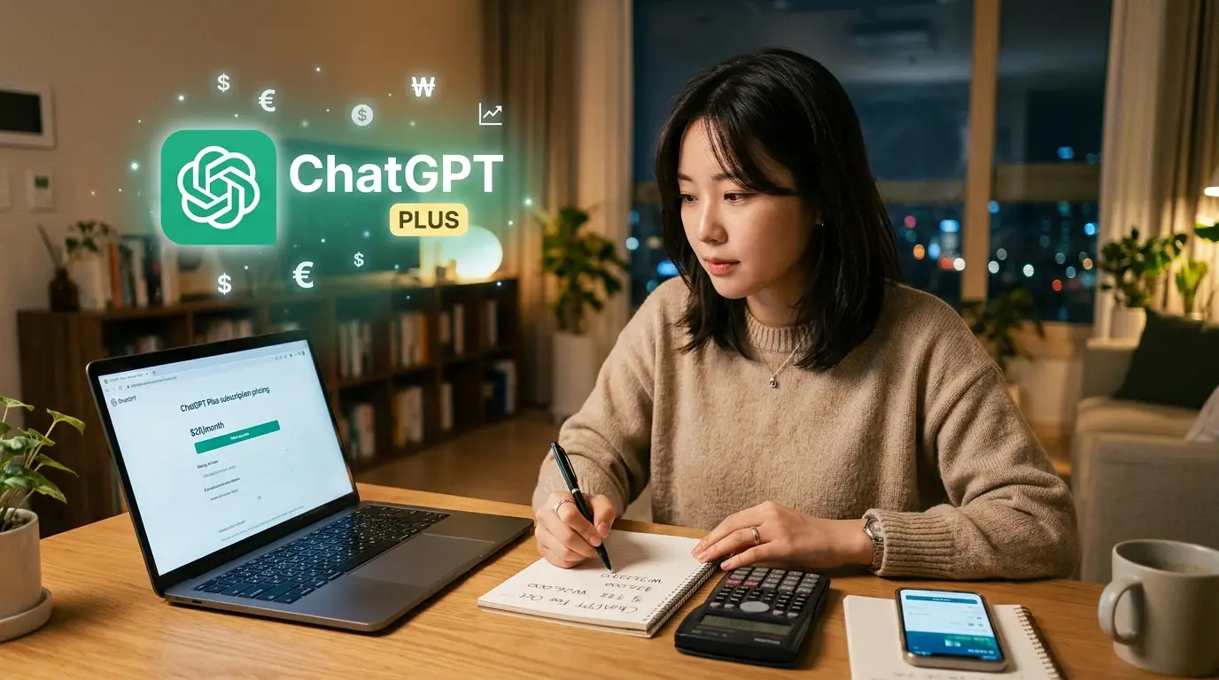 챗GPT 플러스 서비스와 가격 정보를 확인하며 노트북과 스마트폰을 활용해 공부하는 여성, 야간의 아늑한 거실 분위기.