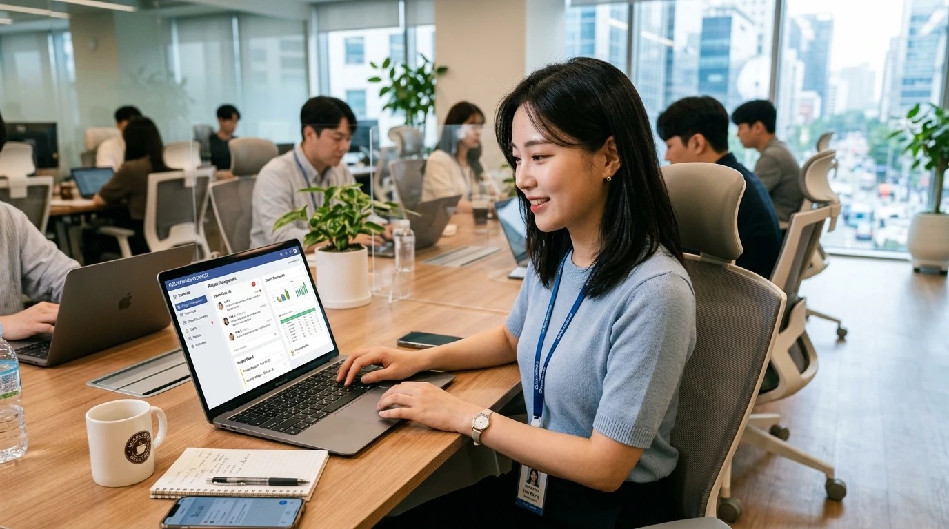 오픈 오피스에서 젊은 여성 직장인이 노트북을 사용해 데이터 분석 업무를 하며 밝게 미소 짓고, 주변에 동료들이 함께 일하는 현대 사무실 모습
