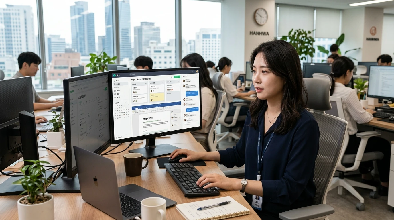 키워드: 오피스, 직장인, 컴퓨터 업무, 협업, 현대 사무실 여성 직장인이 대형 모니터 앞에서 컴퓨터 업무를 하며 현대적 오피스 환경에서 동료들과 협업하는 모습이 프로페셔널하게 연출됨.
